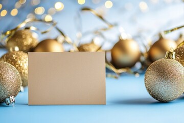 A blank card surrounded by Christmas ornaments on a blue surface