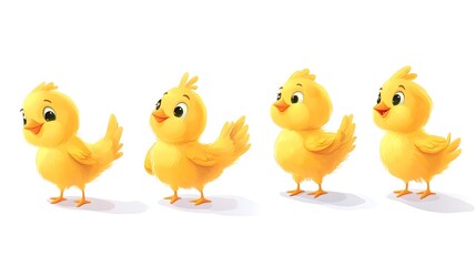 Four cute yellow chicks in different poses.