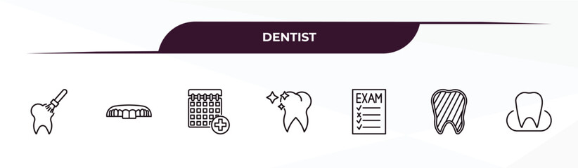 fully editable outline icon collection from dentist concept. thin line icons set such as sealants, dentures, medical appointment, inner tooth, occlusal,