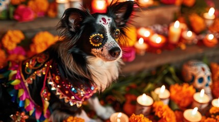 Obraz premium A dog dressed as a skeleton or zombie for a Halloween party or celebration