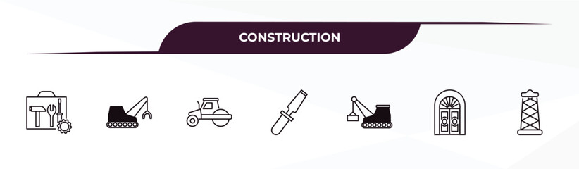 Fototapeta premium fully editable outline icon collection from construction concept. thin line icons set such as tool bag, derrick with tong, steamroller, big door, big derrick with boxes,