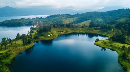 Aerial view of serene lake nestled in lush green hills.