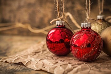 Three red and gold Christmas ornaments hanging from strings