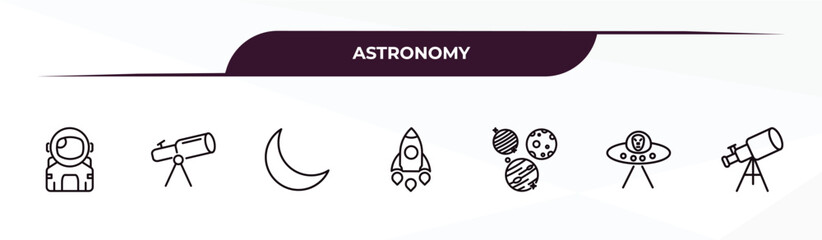 Obraz premium fully editable outline icon collection from astronomy concept. thin line icons set such as astronaut user, telescope pointing up, crescent moon, alien with aqualung, big telescope,