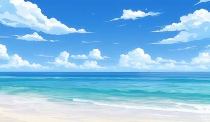 Obraz premium cartoon beach scene with blue sky and white clouds