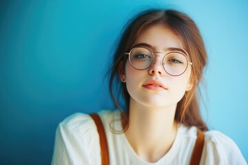 Fototapeta premium A woman wearing glasses and a white shirt, suitable for office or everyday use