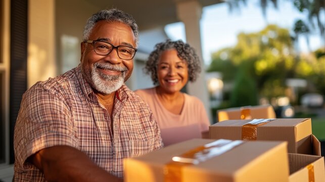 A joyful senior couple is sitting on their porch with several cardboard boxes. The man smiles broadly, creating a warm, inviting atmosphere of happiness and fulfillment.