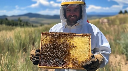 Beekeeper showing honeycomb frame in field with mountain view