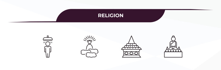 Fototapeta premium fully editable outline icon collection from religion concept. thin line icons set such as islamic ghusl, god, doi suthep, great buddha,
