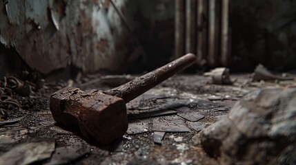 Fototapeta premium A weathered hammer lies forgotten on the floor of an abandoned building.