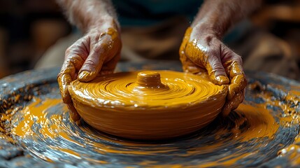 Hands of a potter shaping clay on a pottery wheel, creating a beautiful handcrafted ceramic piece with vibrant yellow glaze in a cozy studio setting