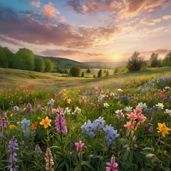 Fototapeta premium Enchanting Spring Meadow with Wildflowers and Soft Pastel Sky Above