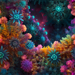 Otherworldly Garden of Fractal Flowers and Shifting Neon Patterns