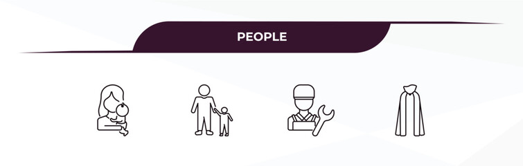 fully editable outline icon collection from people concept. thin line icons set such as mother and baby, father and children, technician, cape,