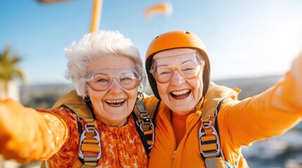 Capturing the exuberance of two elderly women in vibrant skydive gear, showcasing a moment of daring adventure and joy, set against a bright and clear sky.