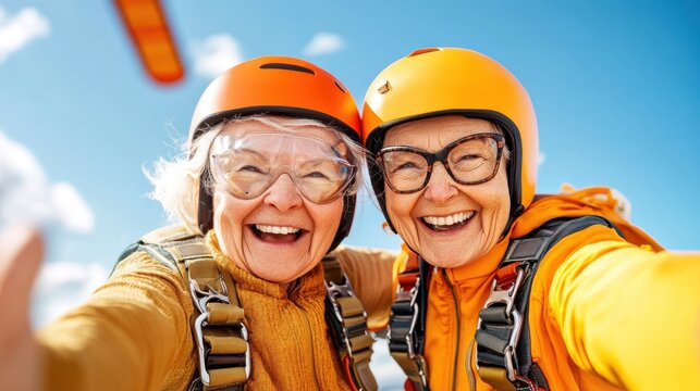 Two elderly women celebrate their adventurous spirit by skydiving together, expressing exhilaration and youthful energy, while wearing colorful gear with joy.