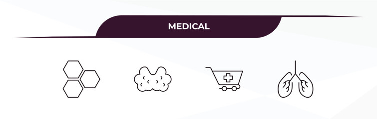 fully editable outline icon collection from medical concept. thin line icons set such as three hexagons cell, thyroid gland, phary shopping cart, breath control,