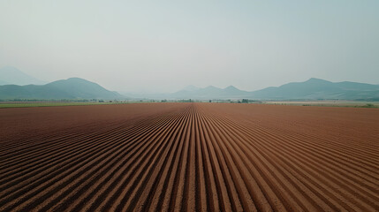 Obraz premium Sprawling Plowed Field at Sunrise | Vast Agricultural Farmland Landscape | Rows of Freshly Tilled Soil Ready for Planting | Rural Countryside Scenery