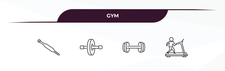 fully editable outline icon collection from gym concept. thin line icons set such as fitness belt, fitness wheel, exercising dumbbell, running treadmill,