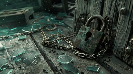 A rusty padlock and chain lie on a wooden surface, surrounded by shards of glass. The scene evokes a sense of mystery and danger.
