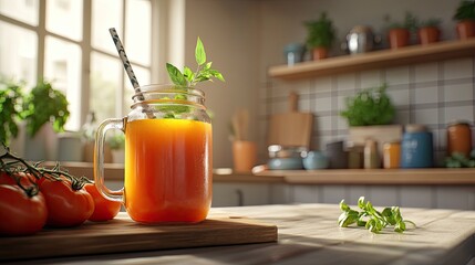 Fototapeta premium Fresh tomato juice in a mason jar with a straw. Background features a cutting board with herbs and a modern kitchen setup.