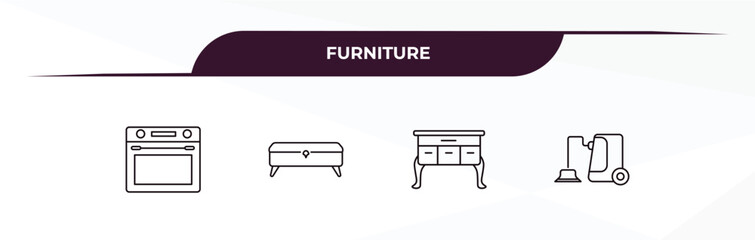 Fototapeta premium fully editable outline icon collection from furniture concept. thin line icons set such as oven, ottoman, lowboy, carpet sweeper,