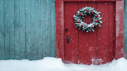 A red door adorned with a Christmas wreath surrounded by snow, evoking a cozy winter holiday atmosphere.