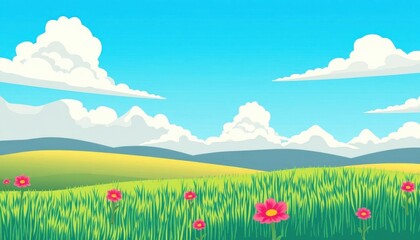 Obraz premium a cartoon illustration of a green field with flowers and mountains in the background