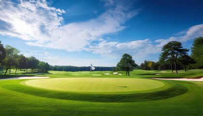 Obraz premium Serene Golf Teeing Ground with Green Grass and Clear Sky