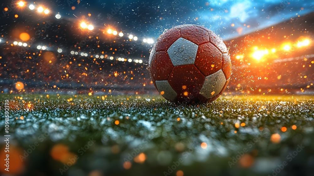 Poster close-up of a soccer ball on rainy grass field under stadium lights with bokeh effect and vibrant co
