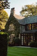 An old stone and wood house with large black windows, ivy-covered walls, a green lawn in the front yard, and large gardenia bushes on the side of the home. The image is taken during the daytime.