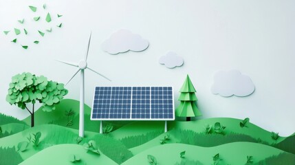 Naklejka premium A pure white background with a green solar panel generating clean energy, symbolizing renewable energy solutions, Simplified flat paper art illustration of