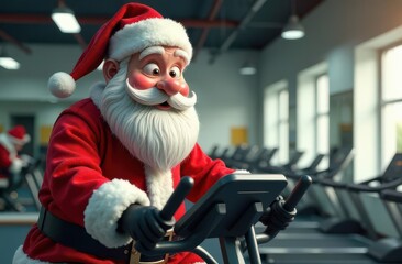 Cartoonish Santa Claus in gym on exercise bike. Sport and fitness, be active during holidays concept. Fitness club card