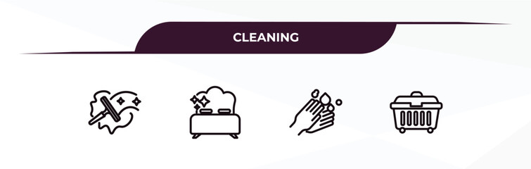 Naklejka premium fully editable outline icon collection from cleaning concept. thin line icons set such as window cleaner, clean room, hand wash, dumpster,