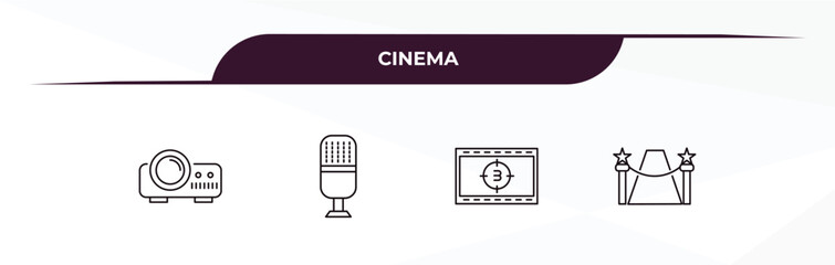 fully editable outline icon collection from cinema concept. thin line icons set such as projector with plug, studio mic, movie countdown, red carpet,