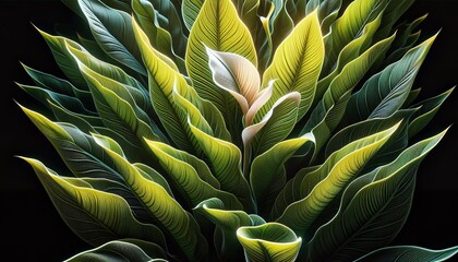 Abstract close-up of intricately veined tropical leaves with vibrant green and blue hues in soft natural lighting