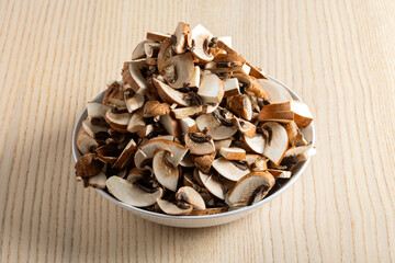Bowl of sliced brown mushrooms ready for cooking