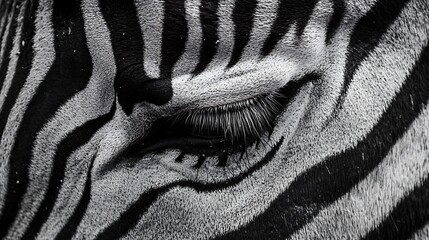 Zebra closing its eye showing long eyelashes and stripes in black and white