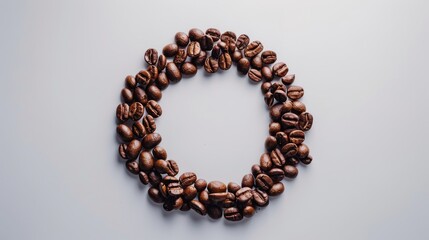 Coffee beans forming a circle on a white background, highlighting their shape
