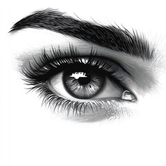 Obraz premium A detailed black and white illustration of a human eye with prominent eyelashes and a tear.