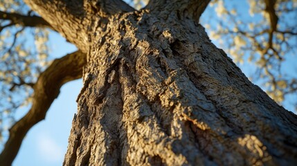 Fototapeta premium A detailed view of a tree trunk surrounded by a clear blue sky, ideal for use in environmental and nature-based designs