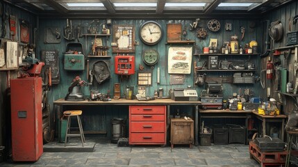 Vintage cluttered workshop with tools, parts, and machinery on the walls and workbench.