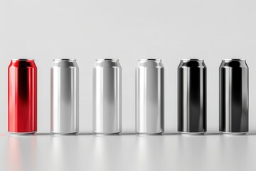 Detailed 3D illustration of aluminum slim cans in silver, white, black, and red, displayed on a white background for beer can mockup templates