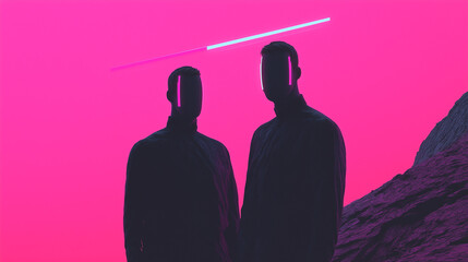 Glitched Teamwork Visuals with Distorted Figures and Colors