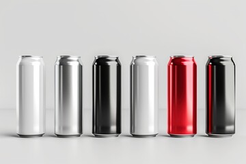 Detailed 3D illustration of aluminum slim cans in silver, white, black, and red, displayed on a white background for beer can mockup templates