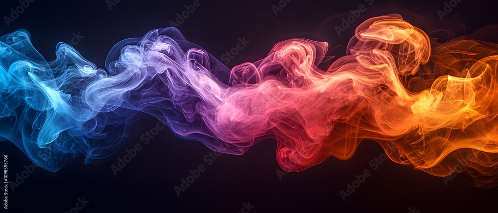 Poster Abstract Colorful Smoke Flowing in Various Shades Against a Dark Background, Creating an Enigmatic Aesthetic for Artistic and Creative Designs and Projects