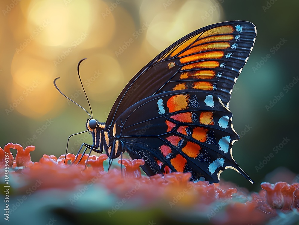 Aufkleber Close-Up of Vibrant Butterfly Resting on Blossoms in Soft Natural Light with Bokeh Background, Showcasing Beautiful Color Patterns and Intricate Details in Nature