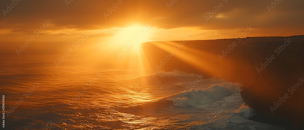 Poster serene sunset over ocean cliff with soft golden rays illuminating calm waves and dramatic sky in tra