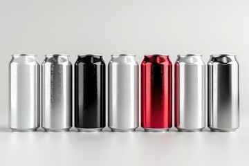 Detailed 3D illustration of aluminum slim cans in silver, white, black, and red, displayed on a white background for beer can mockup templates