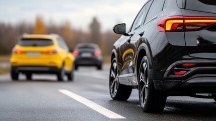 Modern SUV Cars on a Rainy Road with a Scenic Background, Showcasing Automotive Design and Performance in Dynamic Environment